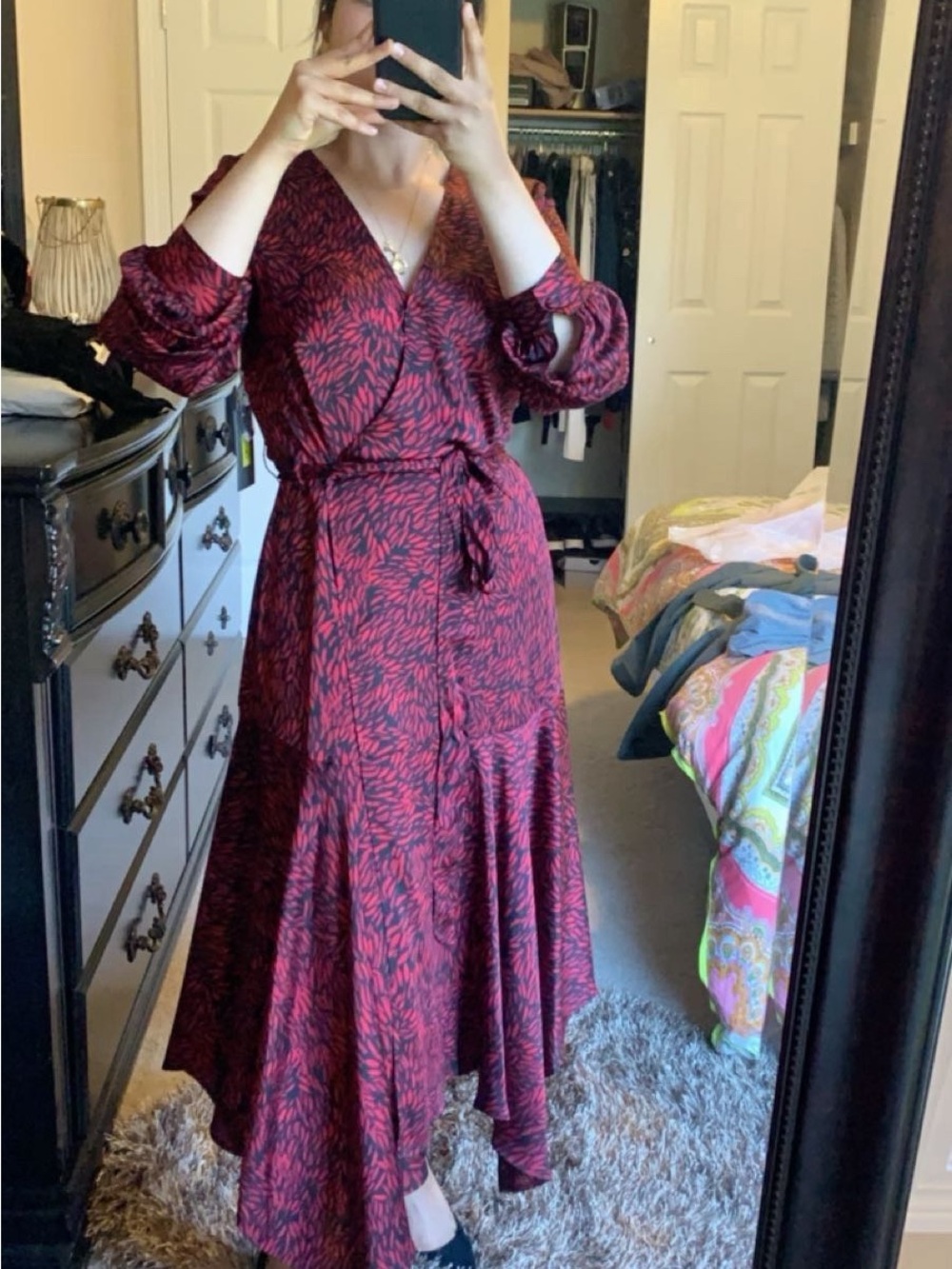 Vince Camuto Red and Black Printed Wrap Maxi Dress